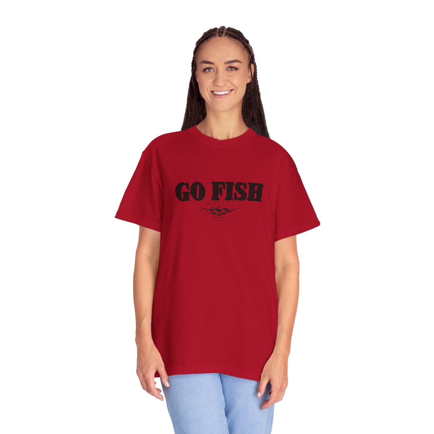 “GO FISH” Mathew 4:19 Tee - Comfort Colors