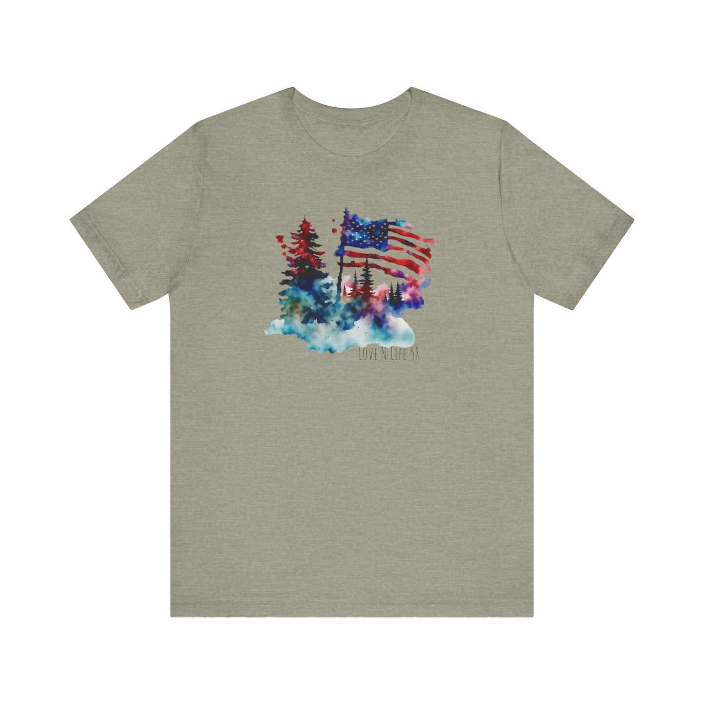 American Flag Patriotic Watercolor Tee - Love in Life - Bella Canvas 3001 -Made in U.S.A.