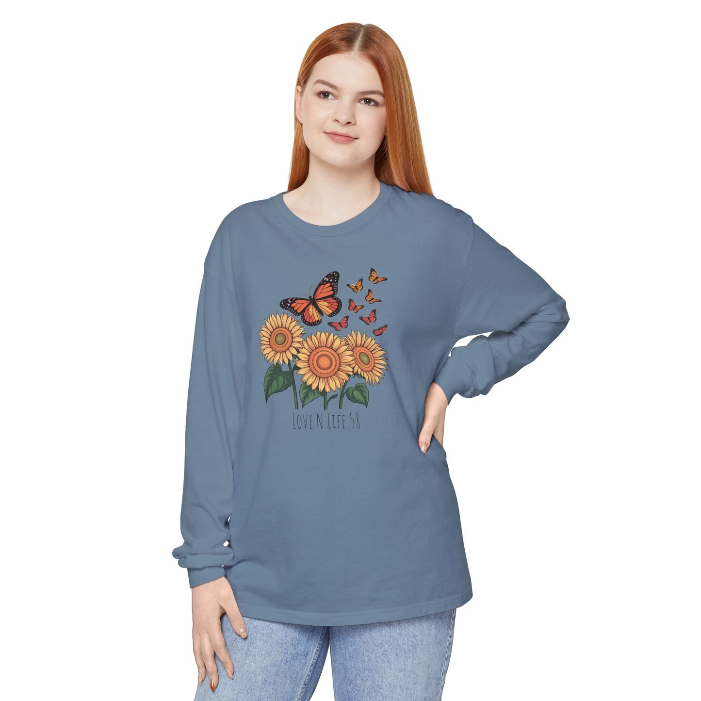 Butterflies and Sunflowers Long Sleeve Tee - Comfort Colors