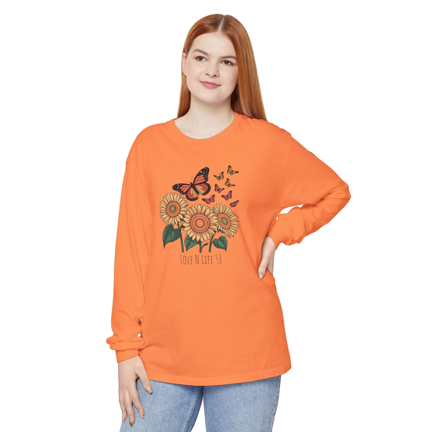 Butterflies and Sunflowers Long Sleeve Tee - Comfort Colors