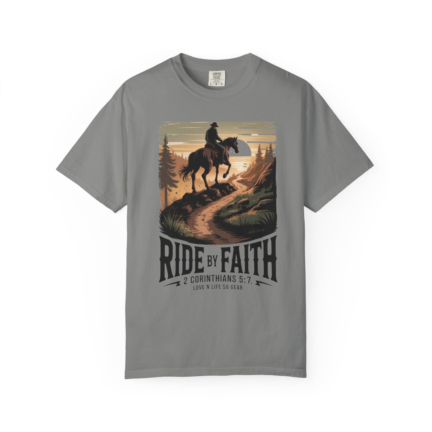 Ride by Faith Short Sleeve Tee — Christian Cowboy Graphic Tee (2 Corinthians 5:7)