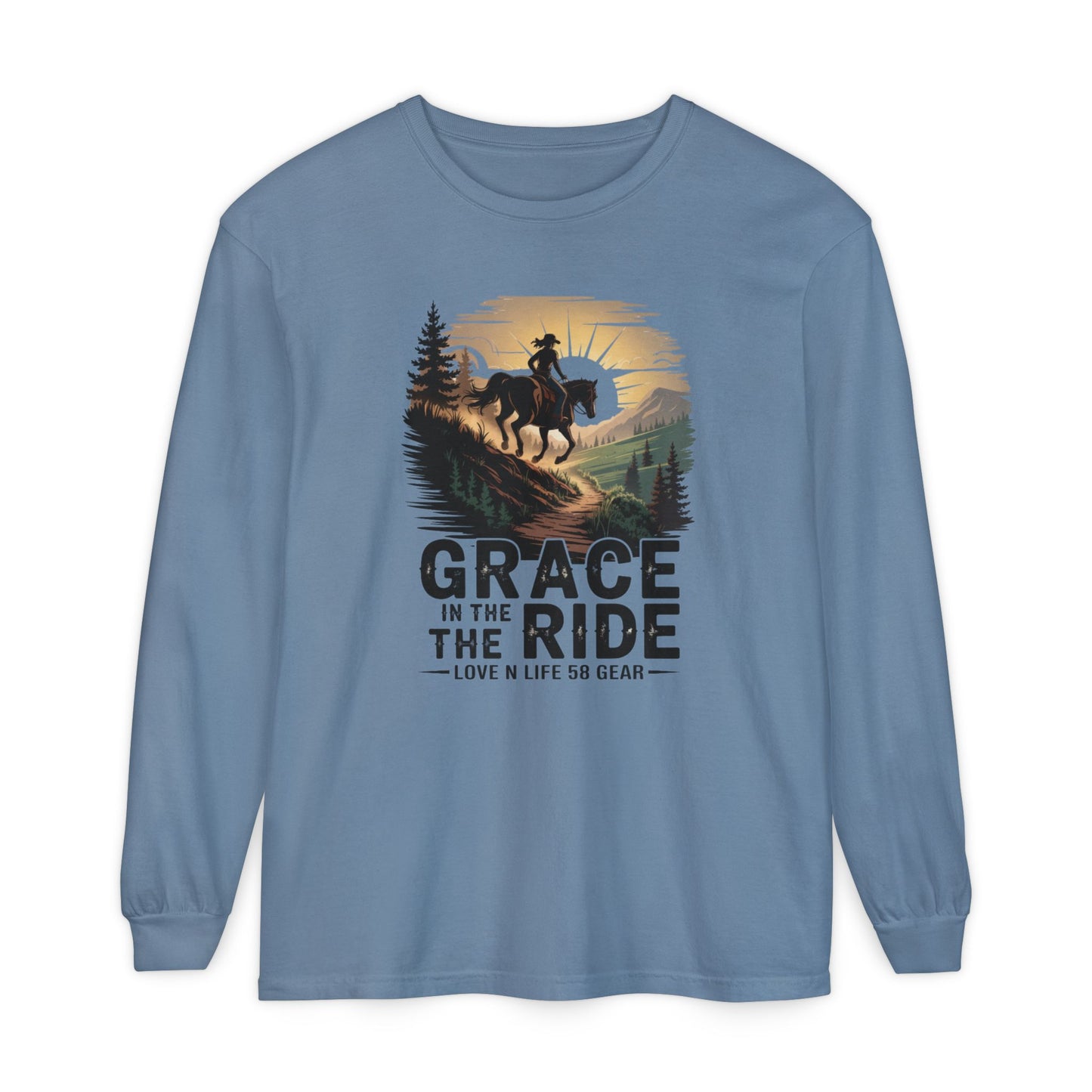 Grace in the Ride Long Sleeve Tee — Cowboy Horse Sunset