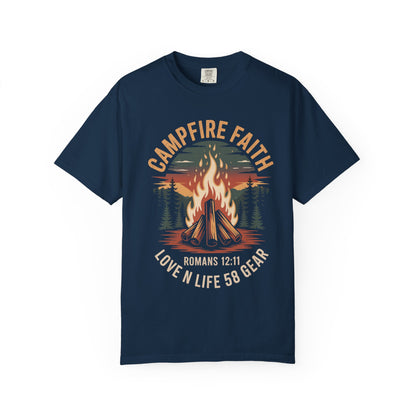 Campfire Faith Short Sleeve Tee — "Romans 12:11" Christian Camping Tee