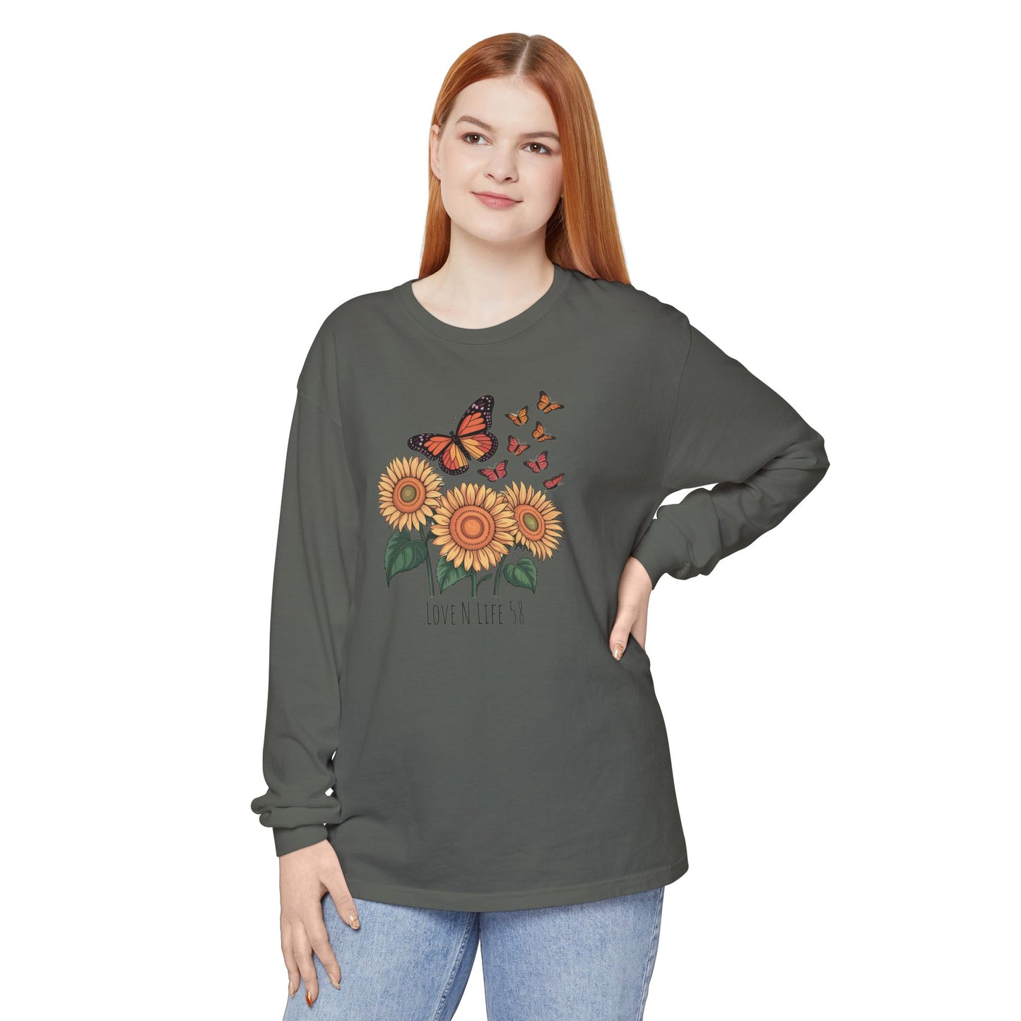 Butterflies and Sunflowers Long Sleeve Tee - Comfort Colors