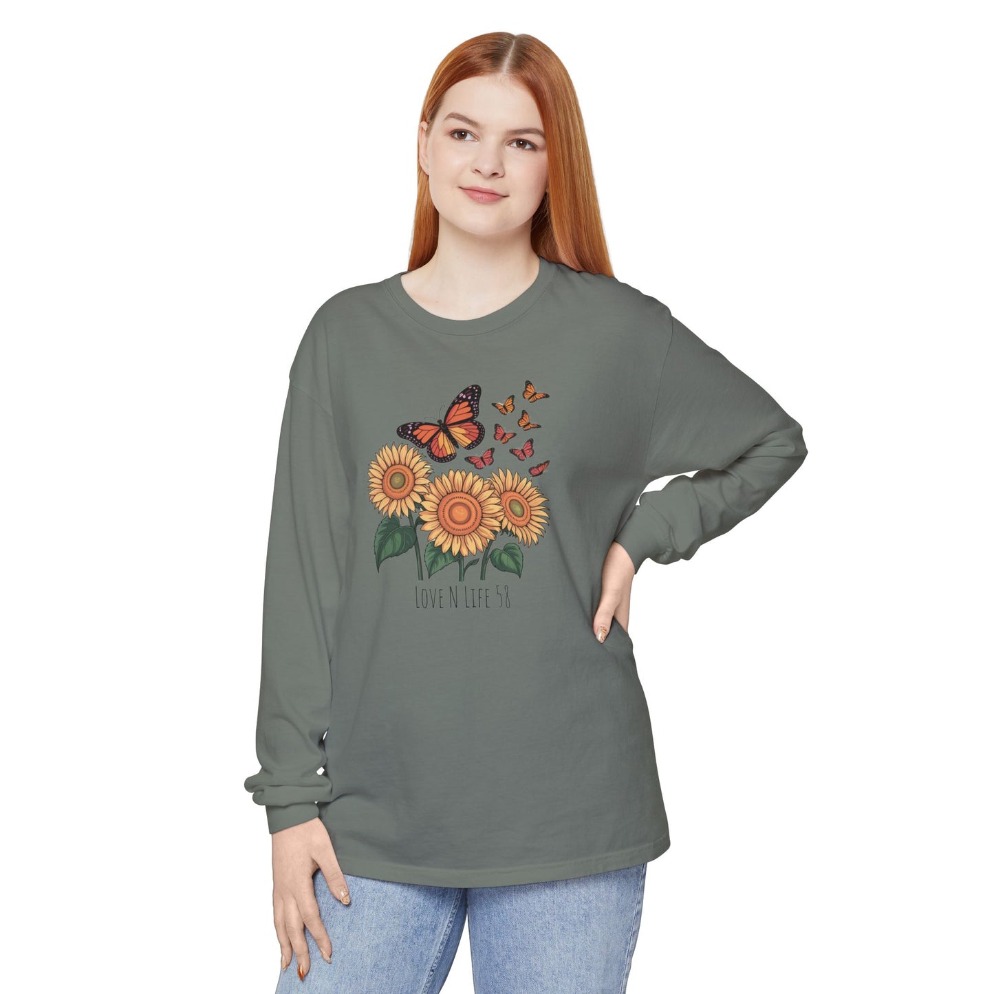 Butterflies and Sunflowers Long Sleeve Tee - Comfort Colors