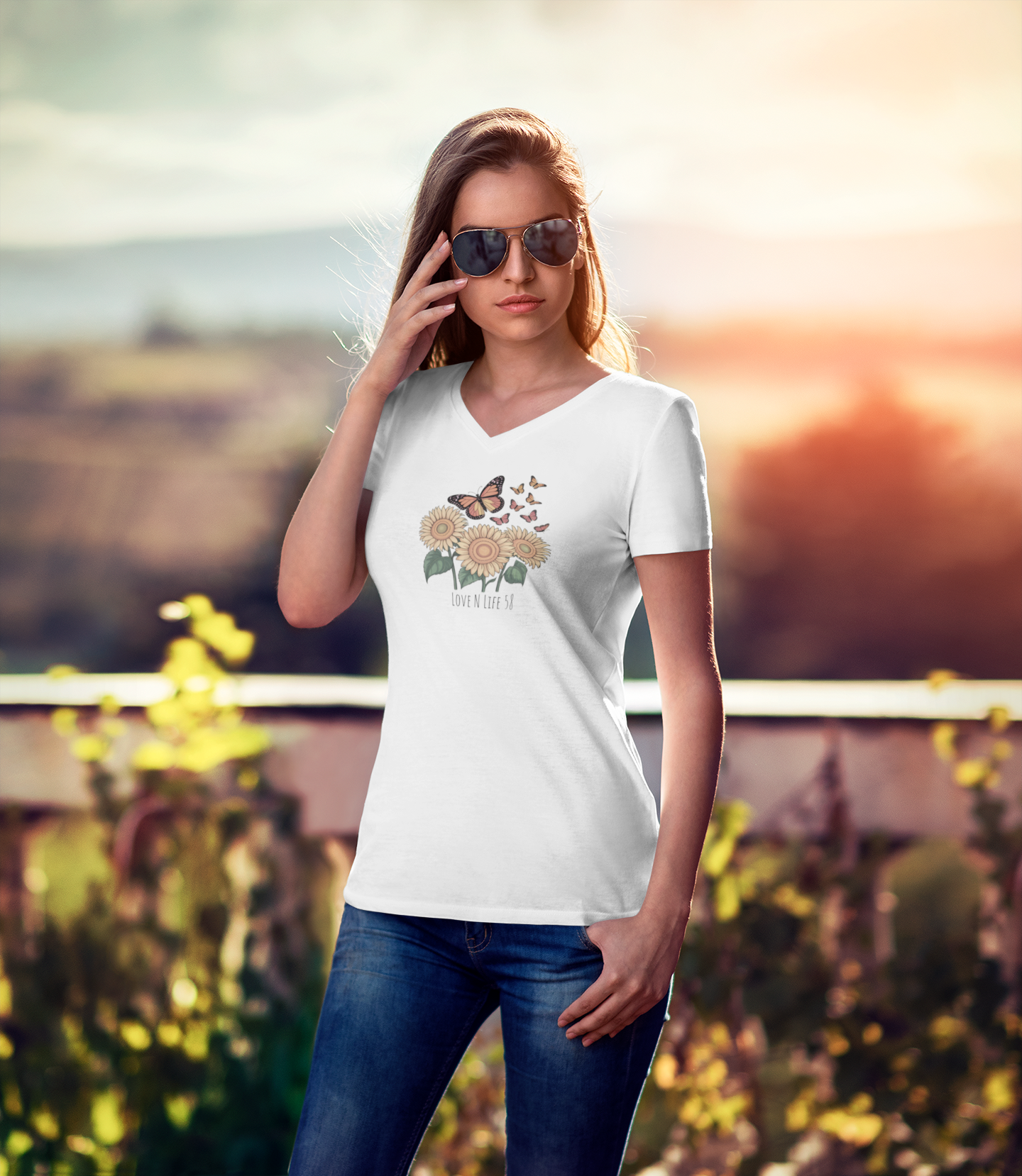 Sunflowers and Butterflies  - V Neck Tee