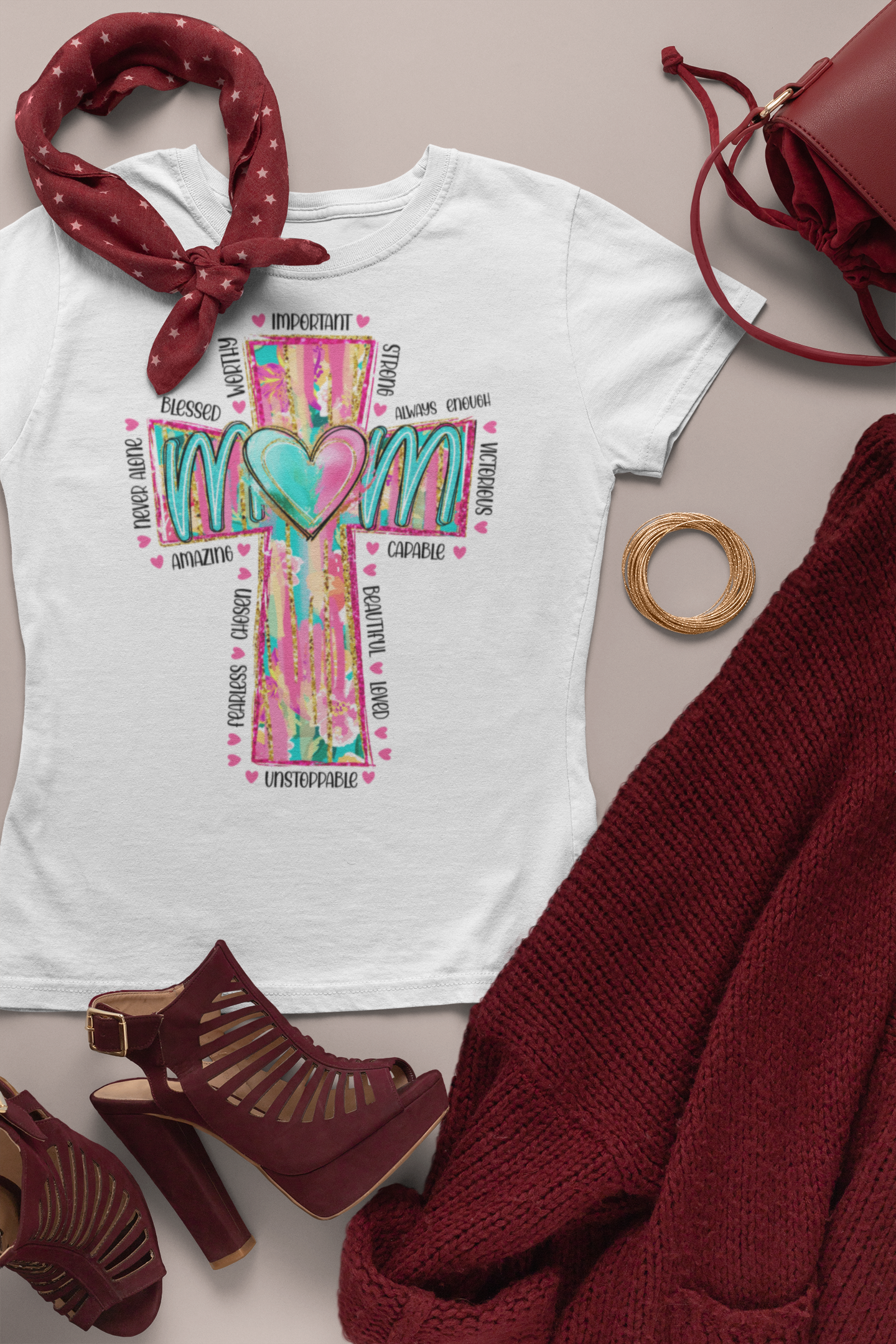 Colorful ‘Mom’ Christian Cross Tee