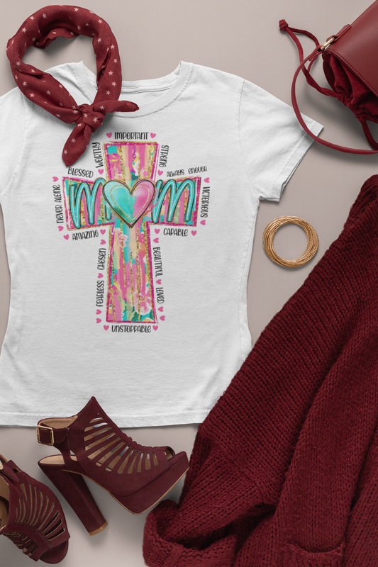 Colorful ‘Mom’ Christian Cross Tee