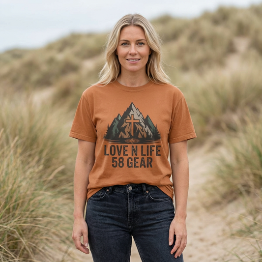 'Love N Life 58 Gear' Mountain Cross Christian Tee
