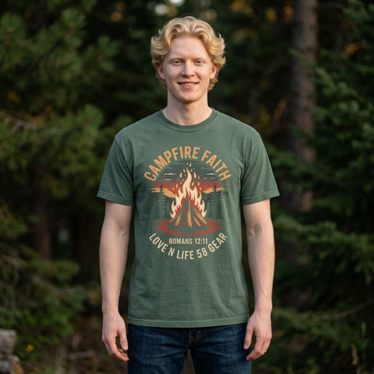 Campfire Faith Short Sleeve Tee — "Romans 12:11" Christian Camping Tee