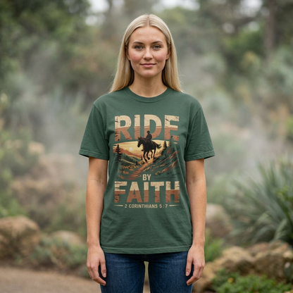 Ride by Faith Short Sleeve Tee — Cowboy Silhouette Christian Western Tee (2 Corinthians 5:7)