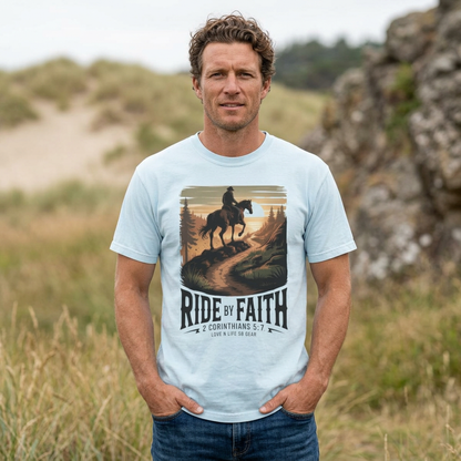 Ride by Faith Short Sleeve Tee — Christian Cowboy Graphic Tee (2 Corinthians 5:7)