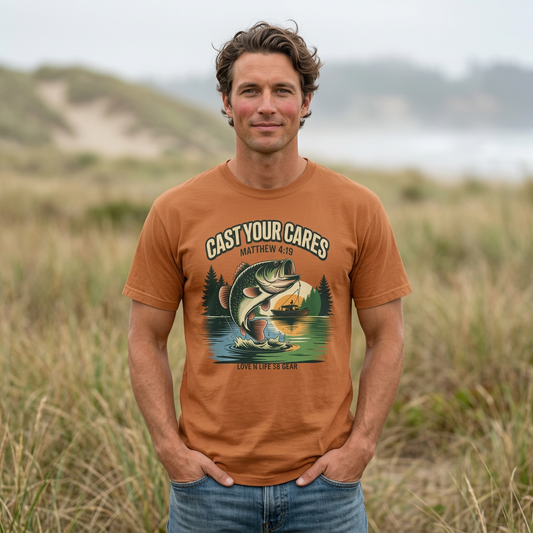 Cast Your Cares Fishing Short Sleeve Tee — "Love N Life" Christian Bass Tee (Matthew 4:19)