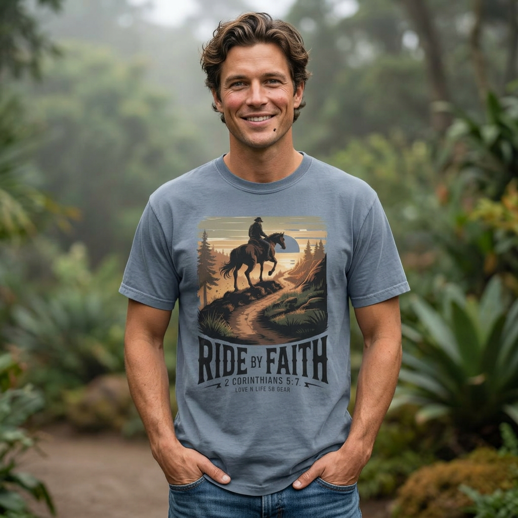 Ride by Faith Short Sleeve Tee — Christian Cowboy Graphic Tee (2 Corinthians 5:7)