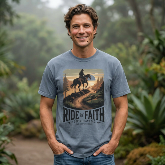 Ride by Faith Short Sleeve Tee — Christian Cowboy Graphic Tee (2 Corinthians 5:7)