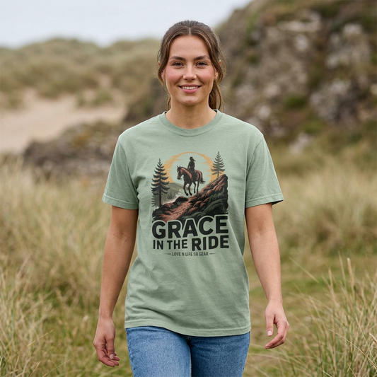 Grace in the Ride Short Sleeve Tee — Vintage Equestrian Sunset Riding Tee