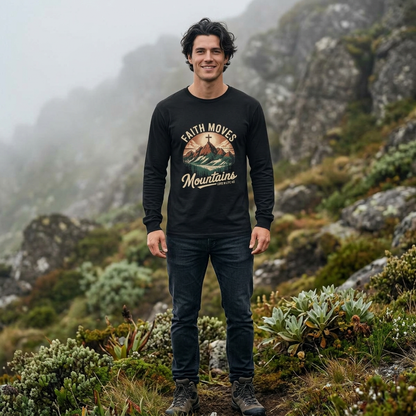 Faith Moves Mountains Long Sleeve Tee — Christian Mountain Graphic Shirt