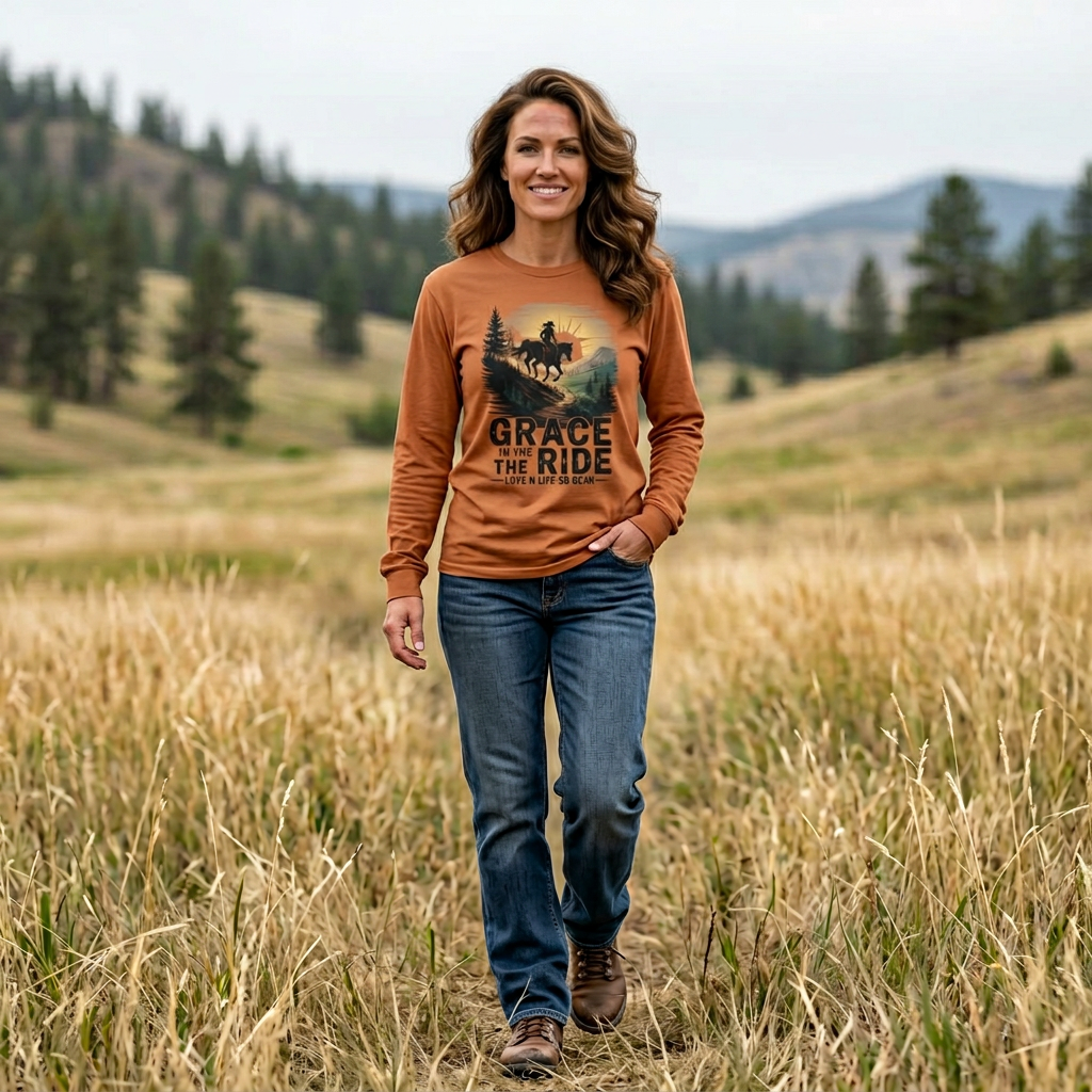 Grace in the Ride Long Sleeve Tee — Cowboy Horse Sunset
