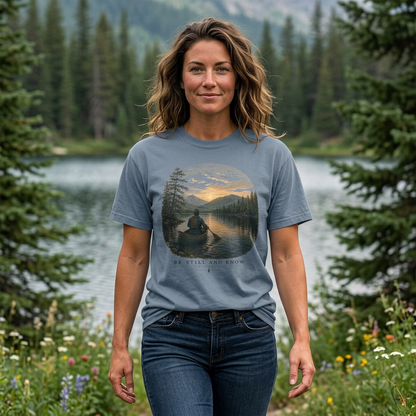 Be Still and Know Short Sleeve Unisex Meditative Canoe Nature Tee