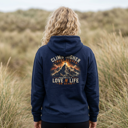 Mountain Climbing Hoodie — "Climb Higher, Trust Deeper" Adventure Pullover