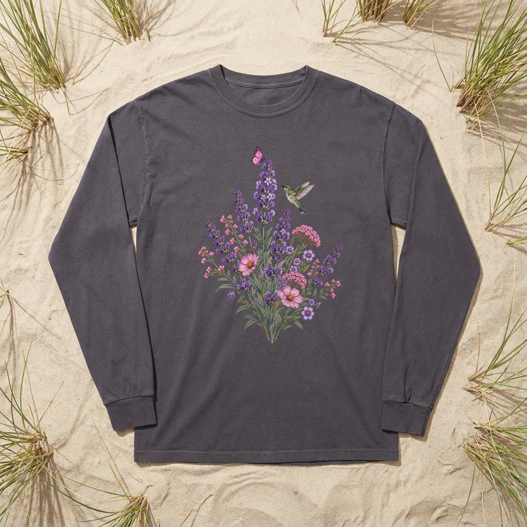 Floral Hummingbird Long Sleeve Comfort Colors Tee