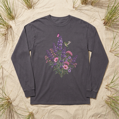 Floral Hummingbird Long Sleeve Comfort Colors Tee