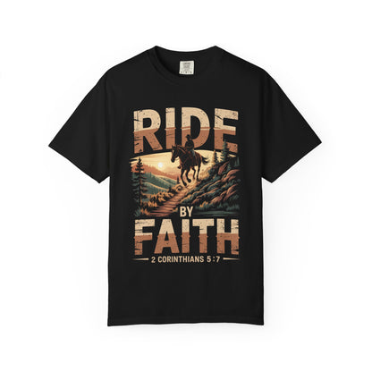 Ride by Faith Short Sleeve Tee — Cowboy Silhouette Christian Western Tee (2 Corinthians 5:7)