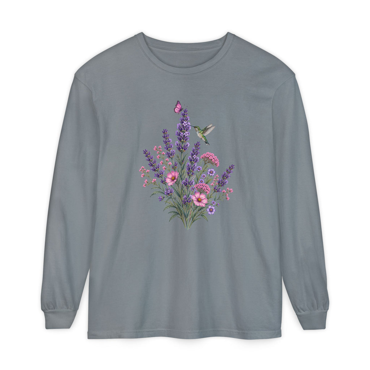 Floral Hummingbird Long Sleeve Comfort Colors Tee