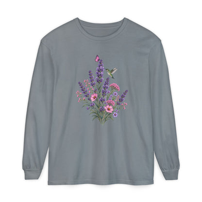 Floral Hummingbird Long Sleeve Comfort Colors Tee