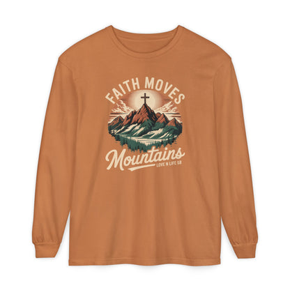 Faith Moves Mountains Long Sleeve Tee — Christian Mountain Graphic Shirt