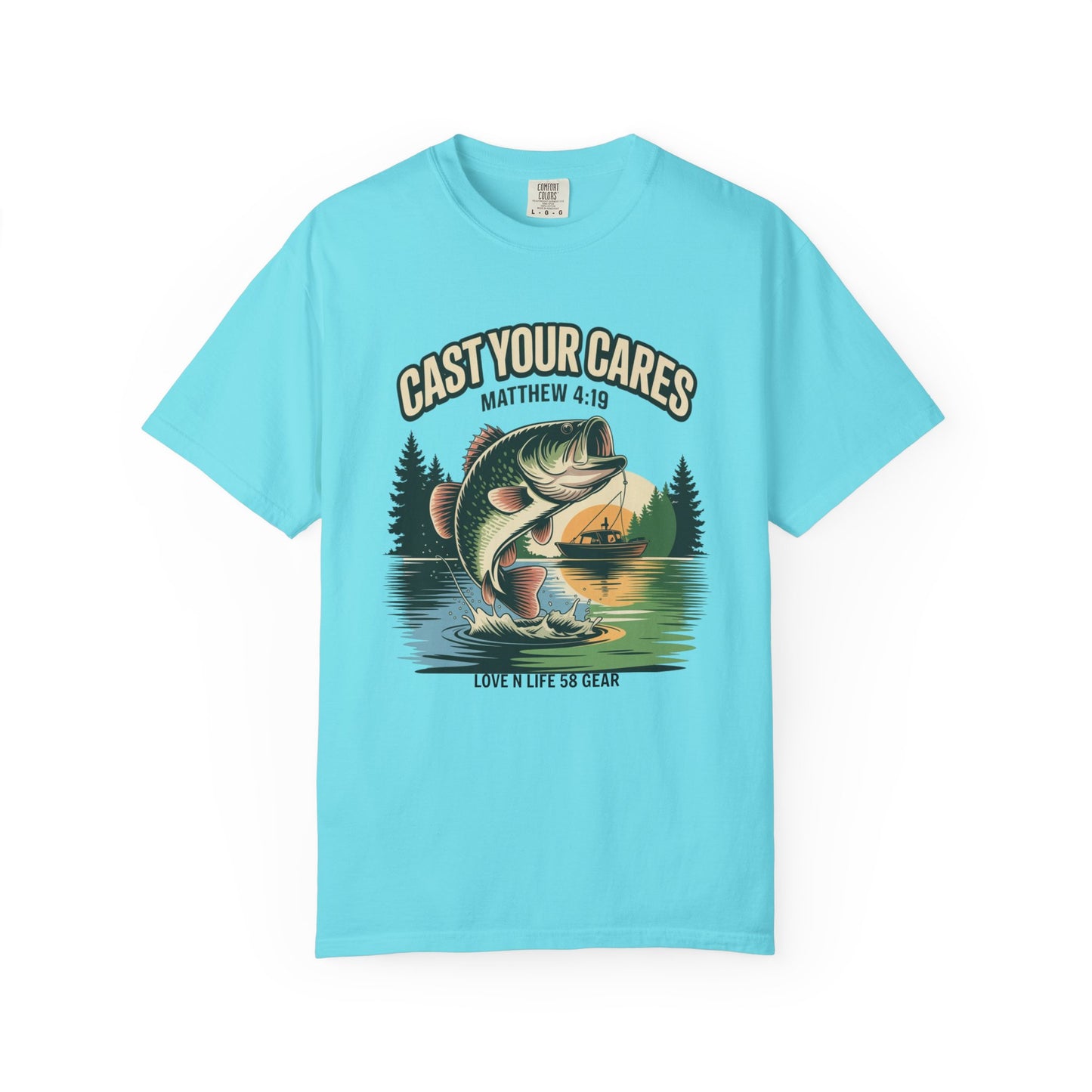 Cast Your Cares Fishing Short Sleeve Tee — "Love N Life" Christian Bass Tee (Matthew 4:19)
