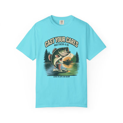Cast Your Cares Fishing Short Sleeve Tee — "Love N Life" Christian Bass Tee (Matthew 4:19)