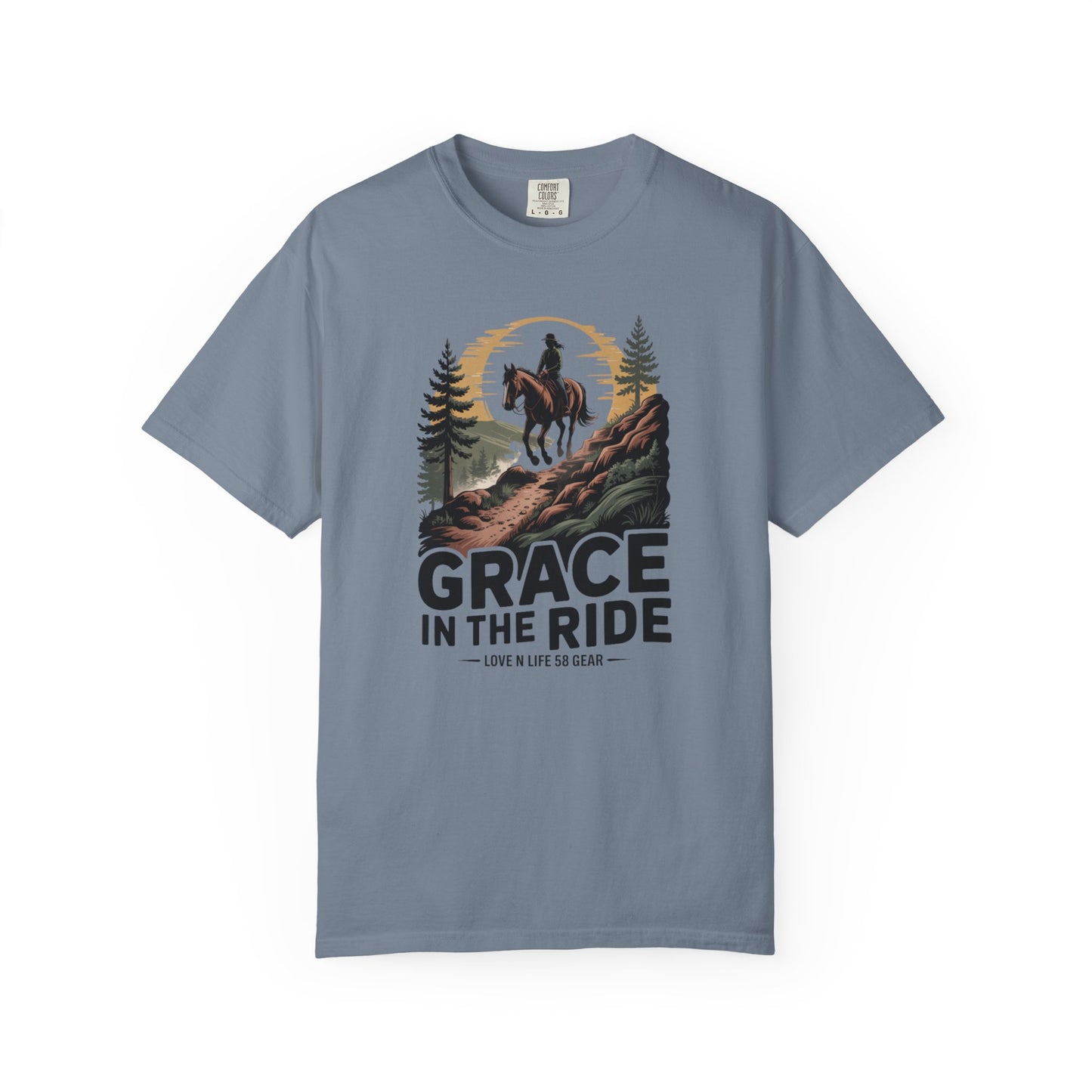Grace in the Ride Short Sleeve Tee — Vintage Equestrian Sunset Riding Tee