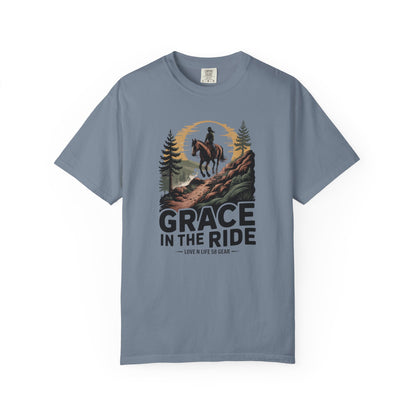 Grace in the Ride Short Sleeve Tee — Vintage Equestrian Sunset Riding Tee