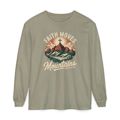 Faith Moves Mountains Long Sleeve Tee — Christian Mountain Graphic Shirt