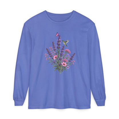 Floral Hummingbird Long Sleeve Comfort Colors Tee