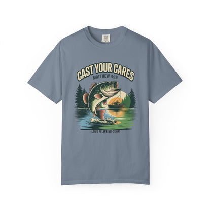 Cast Your Cares Fishing Short Sleeve Tee — "Love N Life" Christian Bass Tee (Matthew 4:19)