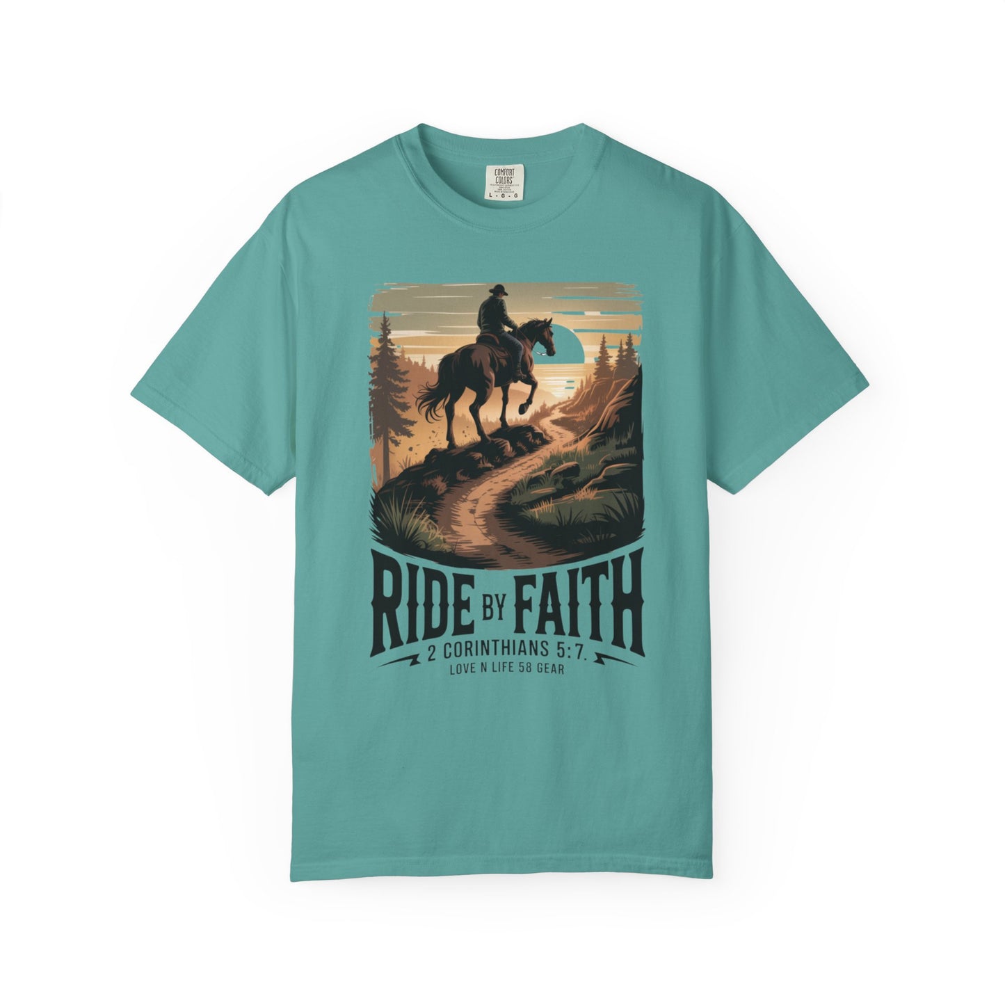 Ride by Faith Short Sleeve Tee — Christian Cowboy Graphic Tee (2 Corinthians 5:7)