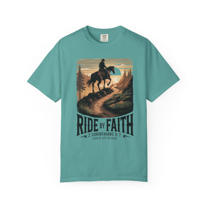 Ride by Faith Short Sleeve Tee — Christian Cowboy Graphic Tee (2 Corinthians 5:7)