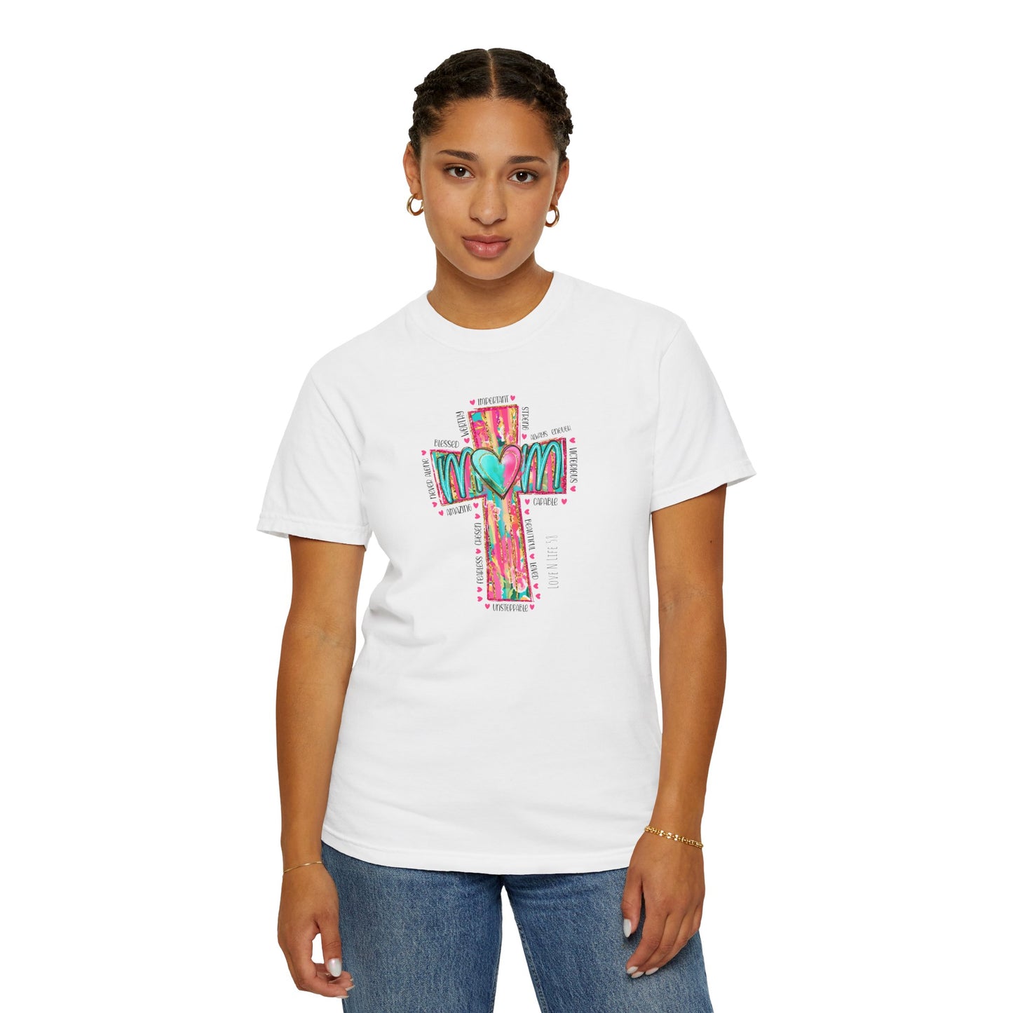 Colorful ‘Mom’ Christian Cross Tee