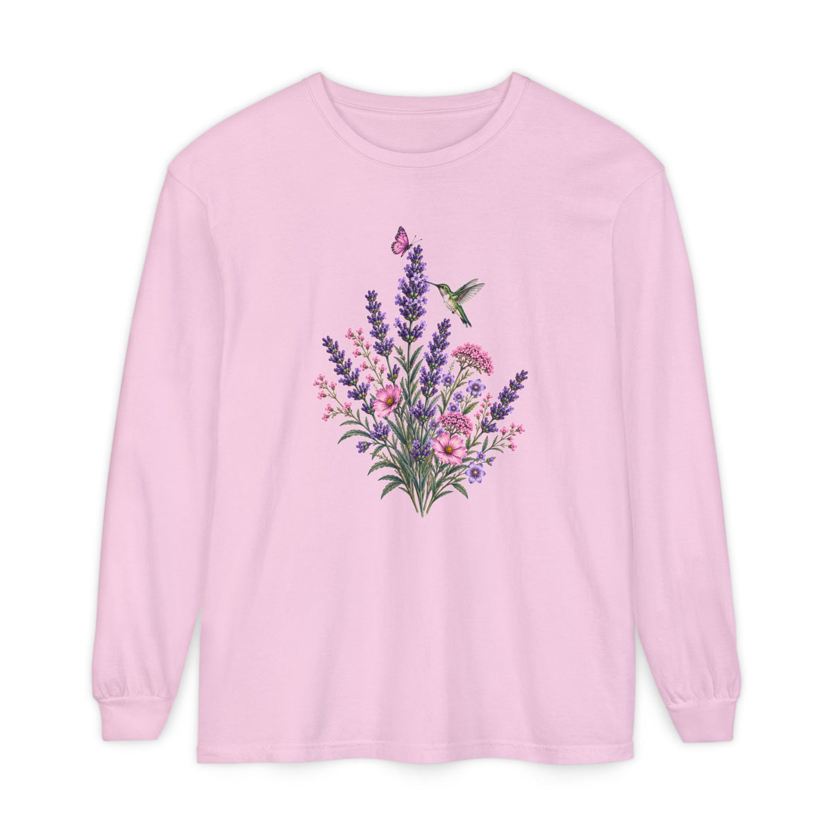 Floral Hummingbird Long Sleeve Comfort Colors Tee