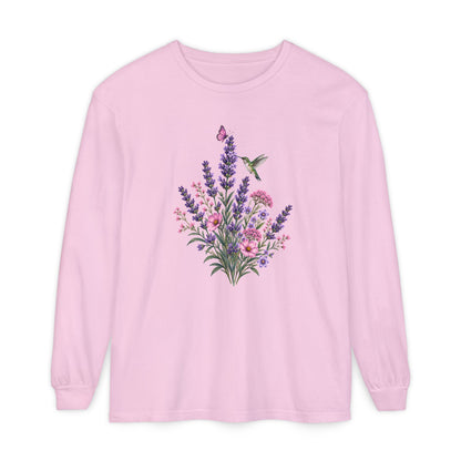 Floral Hummingbird Long Sleeve Comfort Colors Tee