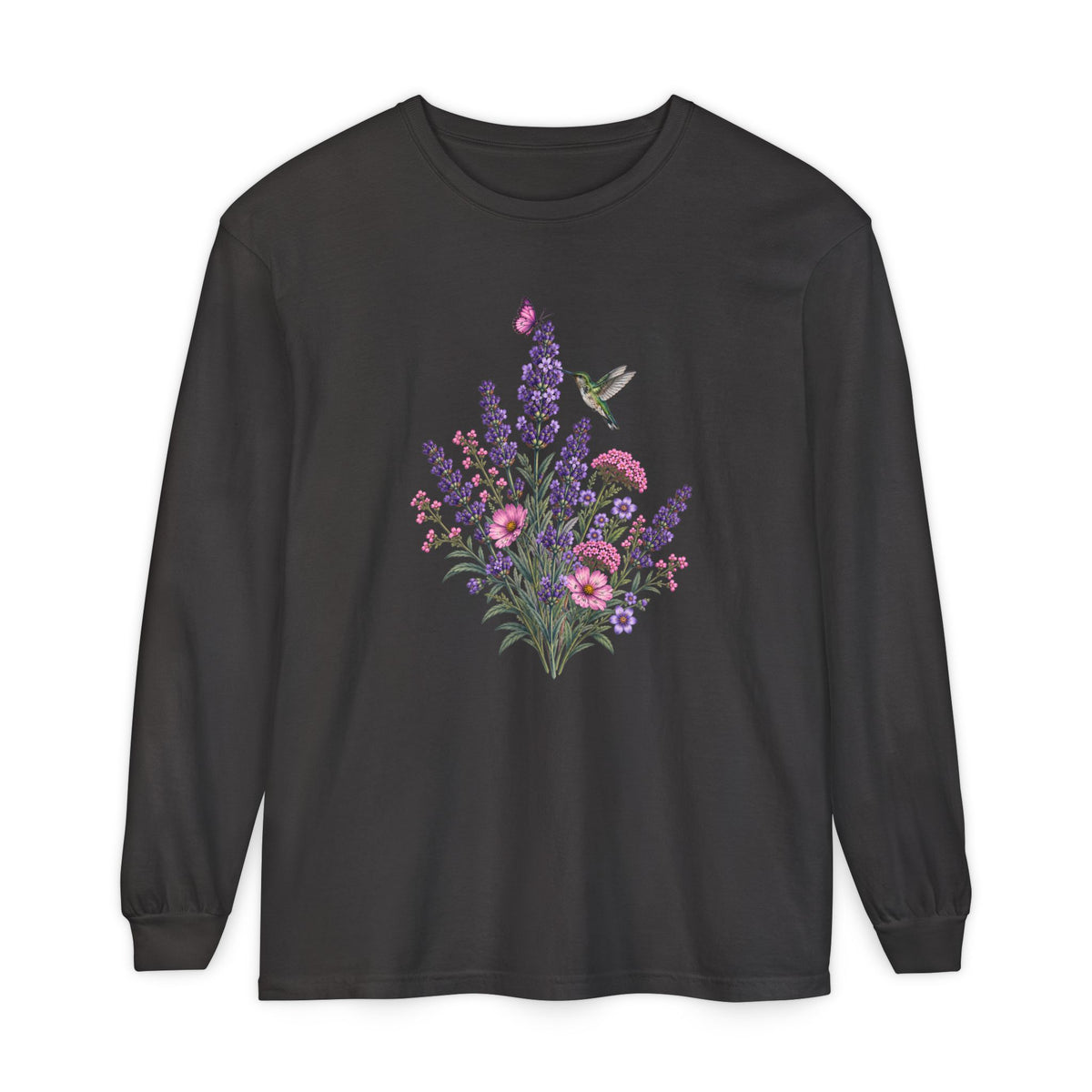 Floral Hummingbird Long Sleeve Comfort Colors Tee