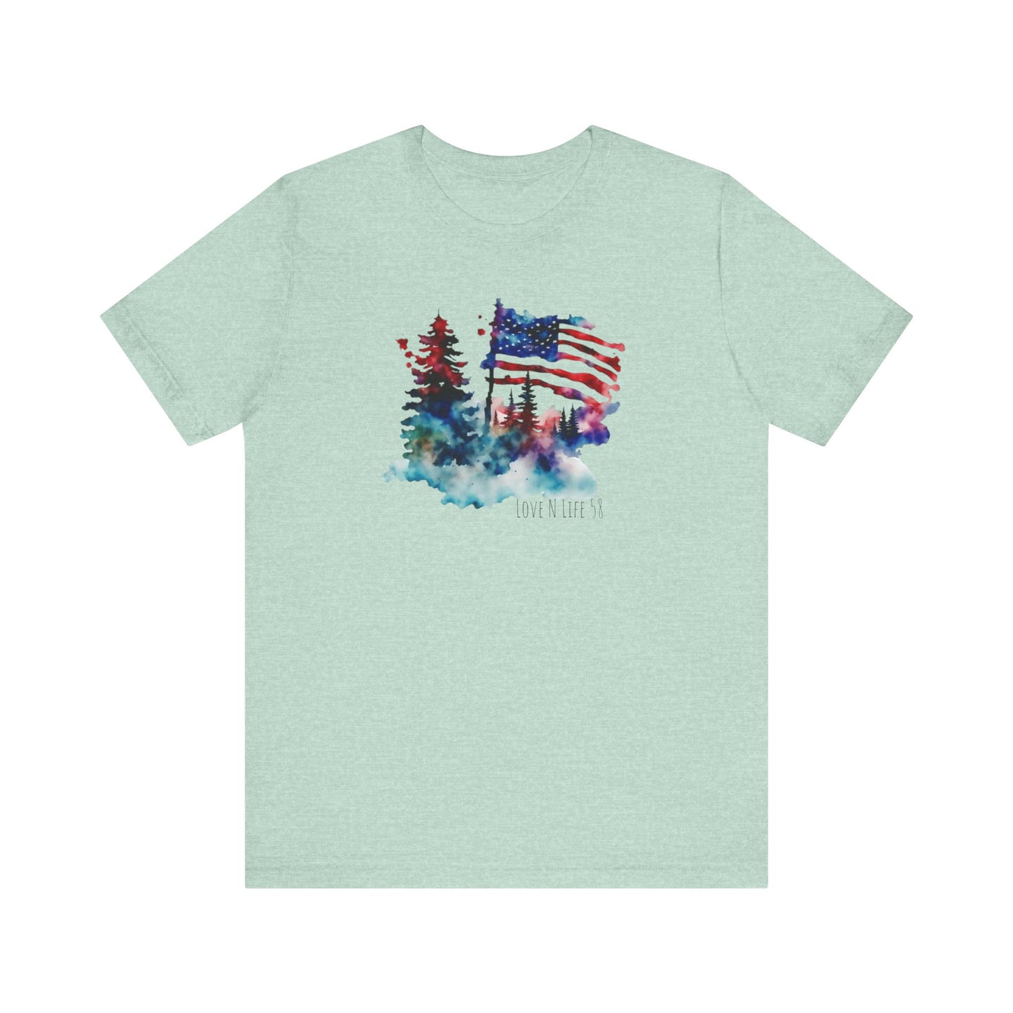 American Flag Patriotic Watercolor Tee - Love in Life - Bella Canvas 3001 -Made in U.S.A.