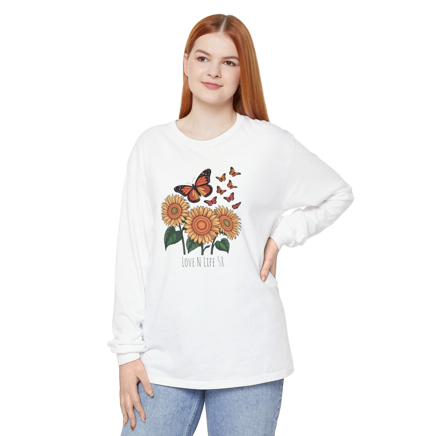 Butterflies and Sunflowers Long Sleeve Tee - Comfort Colors