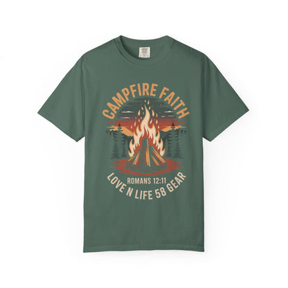 Campfire Faith Short Sleeve Tee — "Romans 12:11" Christian Camping Tee