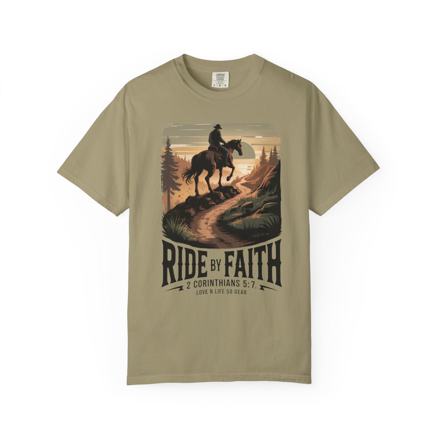 Ride by Faith Short Sleeve Tee — Christian Cowboy Graphic Tee (2 Corinthians 5:7)
