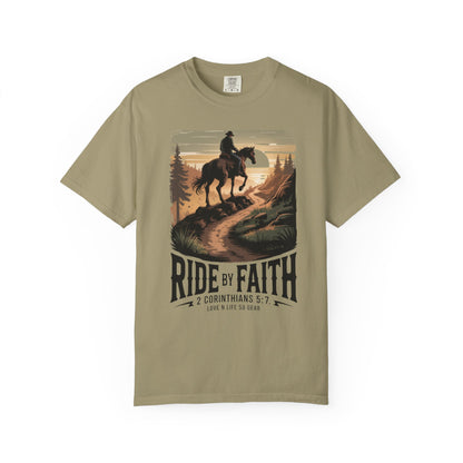 Ride by Faith Short Sleeve Tee — Christian Cowboy Graphic Tee (2 Corinthians 5:7)