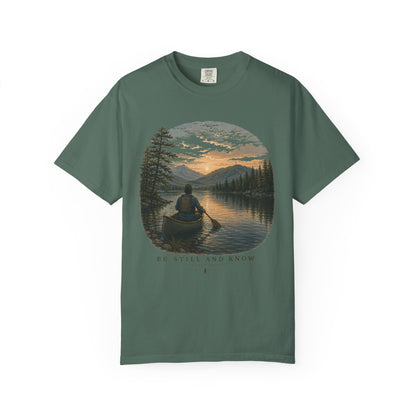 Be Still and Know Short Sleeve Unisex Meditative Canoe Nature Tee