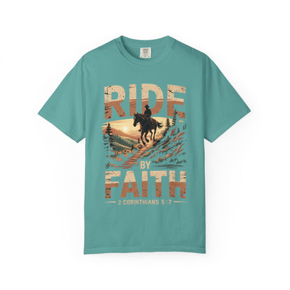 Ride by Faith Short Sleeve Tee — Cowboy Silhouette Christian Western Tee (2 Corinthians 5:7)
